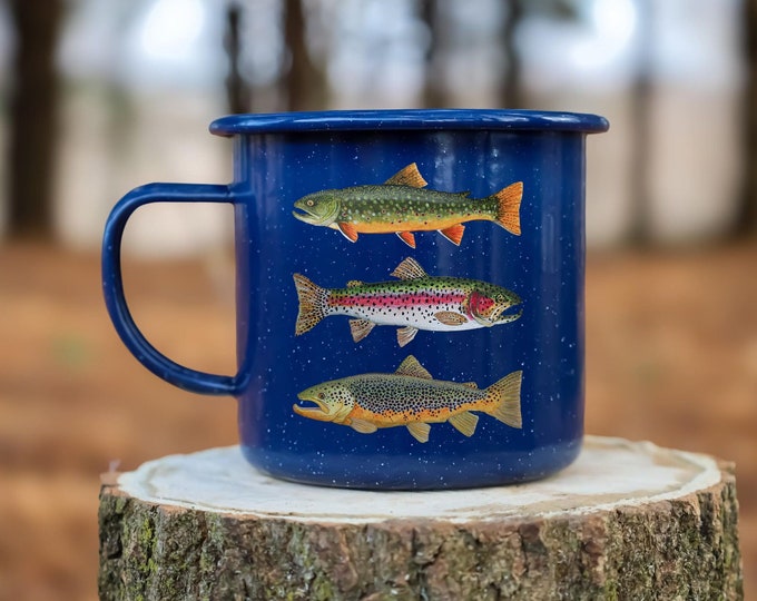 Trout Camp Mug Enamel Metal Coffee Mug Camping Cup Trout Cup Brook