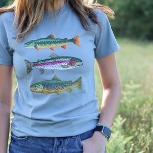 Puede incluir: Una camiseta azul claro con un gr&aacute;fico de tres tipos diferentes de truchas. Los peces est&aacute;n ilustrados en un estilo realista con marcas y colores detallados.