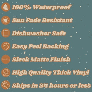Op de afbeelding: Een blauwgroene informatieve afbeelding met zeven oranje ronde iconen met witte tekst: 100% Waterproof, Sun Fade Resistant, Dishwasher Safe, Easy Peel Backing, Sleek Matte Finish, High Quality Thick Vinyl en Ships in 24 hours or less.