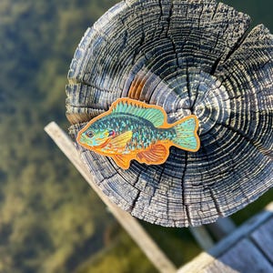 May include: A vibrant fish sticker in shades of orange, blue, and green, placed on a weathered wooden post. The sticker showcases detailed scales and fins, with a blurred water backdrop. The wood's texture provides a rustic contrast to the sticker.