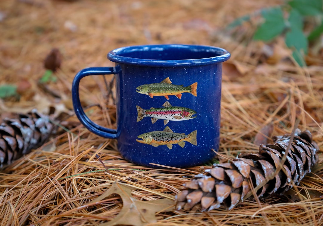 Trout Camp Mug Enamel Metal Coffee Mug Camping Cup Trout Cup Brook