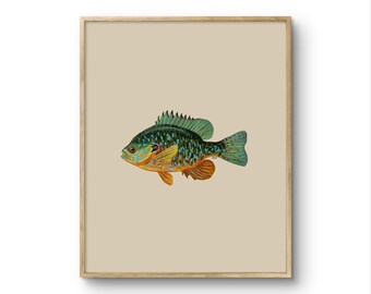 May include: A framed print featuring a colorful fish illustration. The fish has a teal body with dark blue spots, a green dorsal fin, and orange and yellow accents. The artwork is set against a neutral background and framed in a light wood.