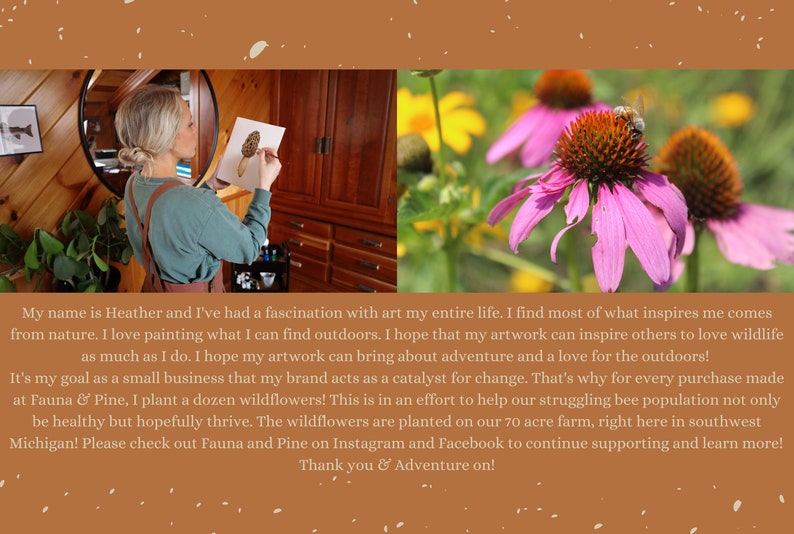 Op de afbeelding: Een gesplitste afbeelding met een kunstenaar die een morielje op papier schildert, naast een close-up van een bij op een rode zonnehoed. De tekst luidt: My name is Heather and I've had a fascination with art my entire life. Fauna & Pine.