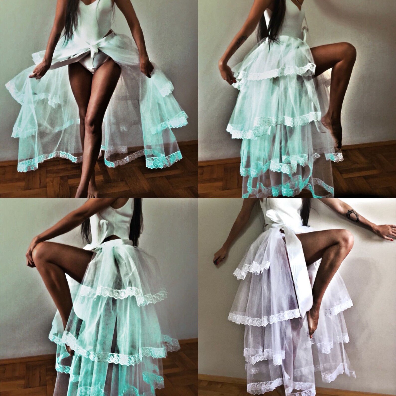 White Tulle Train Skirt With Lace Slit Satin Belt Tulle Etsy