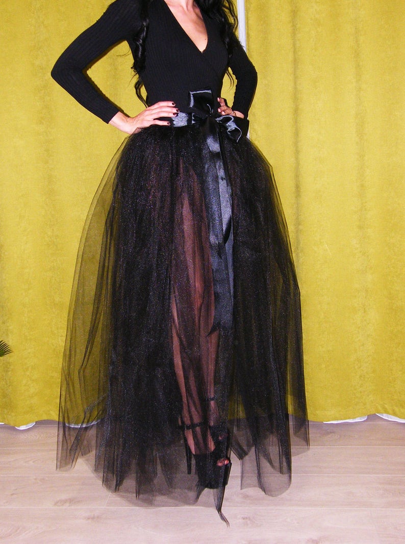Black Long Tulle Tutu Skirt Slit Satin Belt Halloween Skirt Etsy