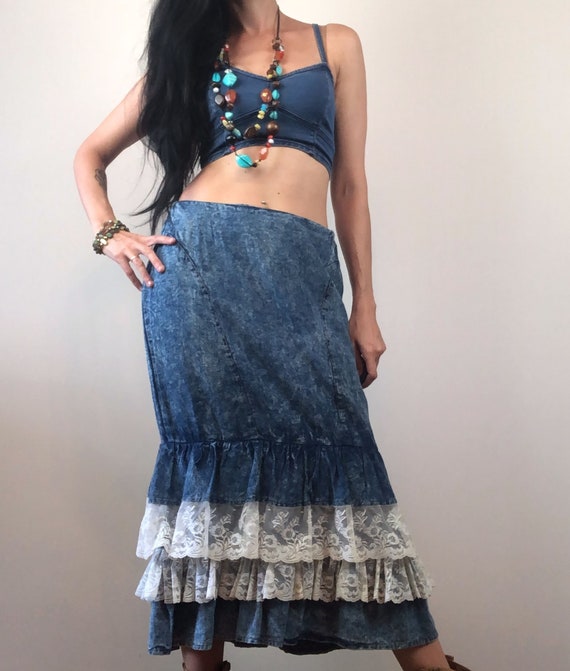 denim and lace skirt