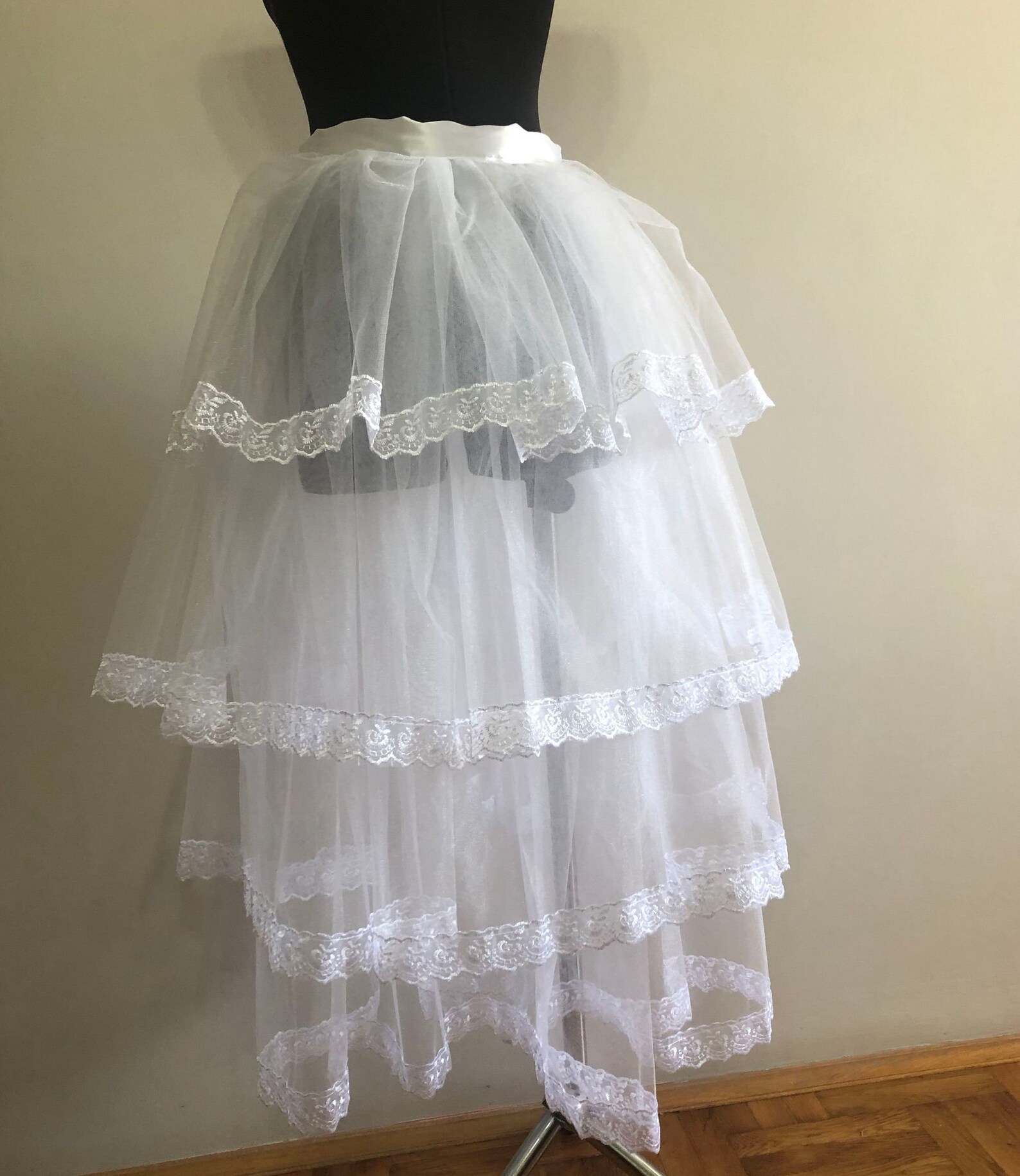 White Tulle Train Skirt With Lace Slit Satin Belt Tulle Etsy