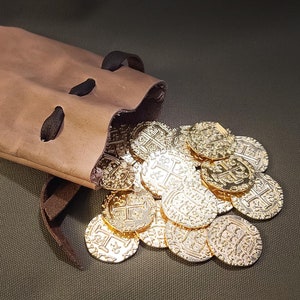 Indiana Jones Temple of Doom Lao Che 18 Gold Spanish Doubloon Coins, Leather Pouch, Pieces of Eight, Raiders Lost Ark, ROTLA, Last Crusade