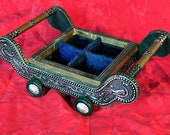 Vintage Mid Century Asian Decor Engraved Embossed Tin Copper Inlaid Wood Wheel Rolling Cart Trinket Tray Knick-knack Box Geese Blue Velvet