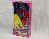 Baywatch TV Show Lifeguard Ken Yamaha Yellow Wave Runner Mattel Barbie Doll Visor Red Jacket David Hasselhoff Trunk Whistle Buggy Board