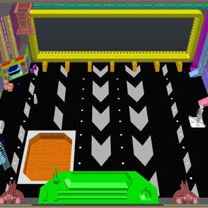 Op de afbeelding: Een 3D-architectuurweergave van een theaterinterieur. Het podium is groen, met een bruine en oranje vloer. De muren zijn paars en geel, met een zwarte vloer en witte pijldessins. Bovenaanzicht.