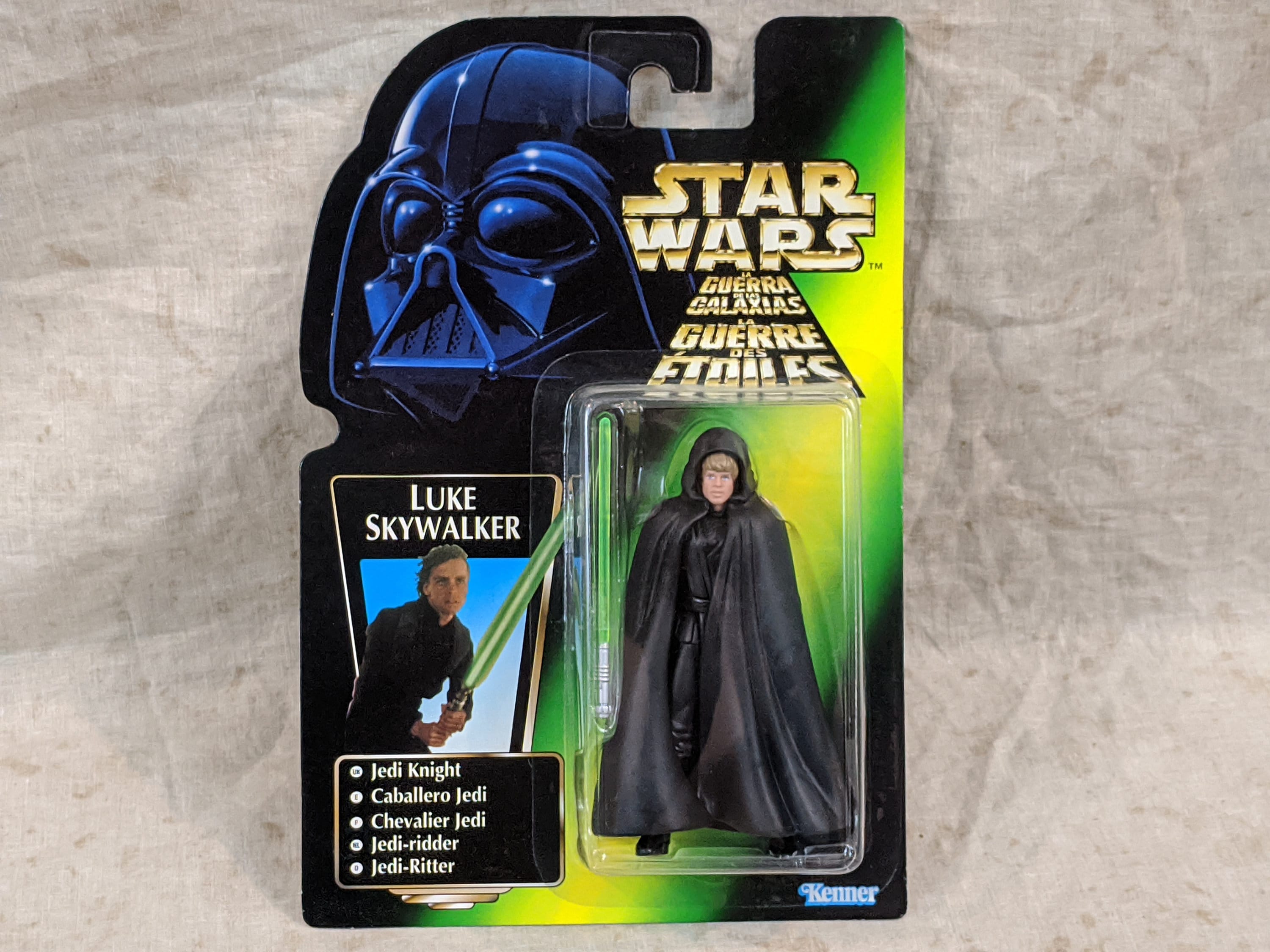 Mint VHTF Rare Carded European Trilogo Star Wars Episodio VI Jedi Black Robe ROTJ Luke Skywalker Green Long Lightsaber Variant Card Leia Solo