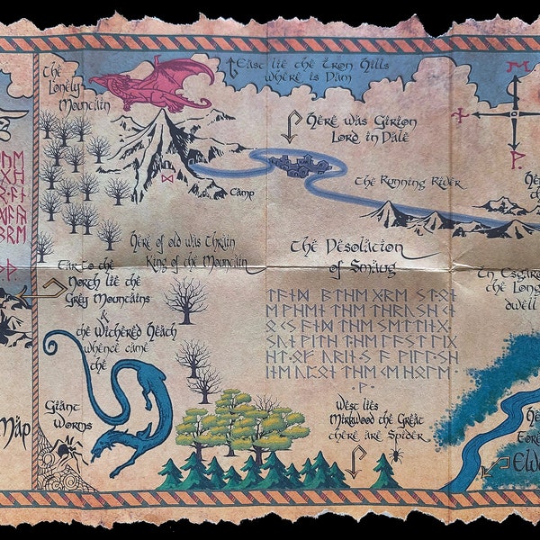 The Hobbit, Thror's Map of Erebor, Thrain Elrond, Thorin's Lonely Mountain, Smaug Dragon, JRR Tolkien Lord of the Rings, Middle Earth, Bilbo