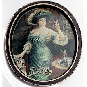 Large 1960’s Pepsi-Cola Pepsi Cola Oval Tin Victorian Gibson Blue Girl Serving Patina Metal Tray Soda Pop Collectible Coca Cola Advertising