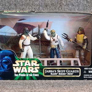 Vintage Star Wars Hasbro Power of The Force Tatooine Jabba's Skiff Sail Barge Guards Nikto, Barada, Klaatu, 1998 Return of the Jedi ROTJ