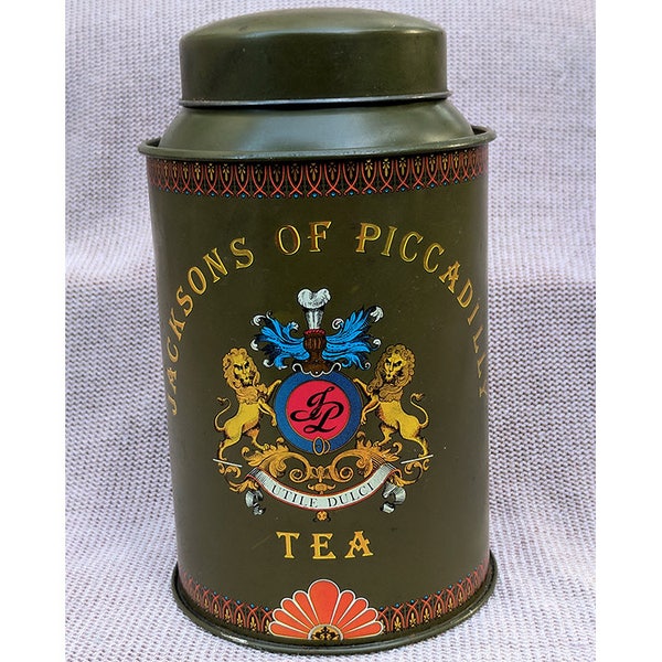 Vintage 1970’s Military Dark Olive Green Jackson of Piccadilly Tea Tin Container Canister Metal Tin Gold Brown Lions VGUC Collector Tin