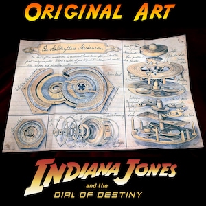 May include: Original art print of the Antikythera Mechanism, a complex ancient Greek device. The illustration features detailed diagrams of gears and components, with text in English. The Indiana Jones and the Dial of Destiny logo is at the bottom.
