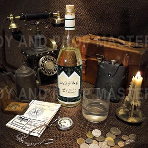 Indiana Jones Raiders of the Lost Ark Belloq’s Bottle Family Label Replica Prop with Cork and History Back Label Harrison Ford Last Crusade