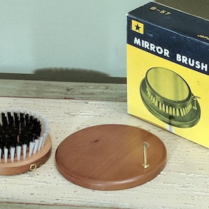 Art Deco Vanity Set Hanging B-57 Round Wood Brush and Mirror Travel 1950’s Dressing Powder Room in Original Box Made in Japan