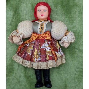 Antique 1950’s Hand Made Sewn Cloth Eastern European Colorful Ethnic Doll Leather Boots Lace Trim Highly Detailed Vintage Traditional Dress