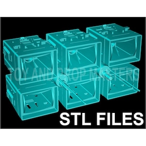 Puede incluir: Colección de seis objetos transparentes de color verde azulado, con forma de caja, posiblemente modelos 3D o diseños digitales. Cada caja tiene forma rectangular con detalles internos y una varilla cilíndrica que se extiende desde el lateral. El texto "STL FILES" se muestra en blanco.
