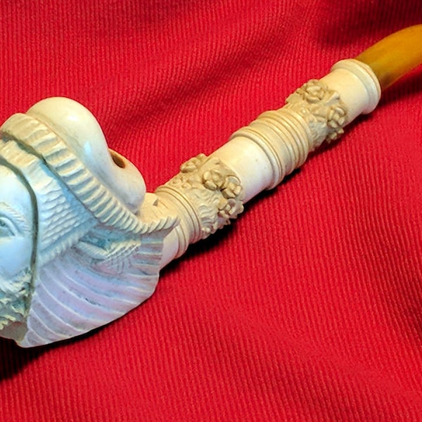 Hand Carved in Turkey Fisherman’s Face Meerschaum Meer Pipe Churchwarden Stem Amber Color Genuine Block Eskisehir Meerschaum MINT Tobacciana