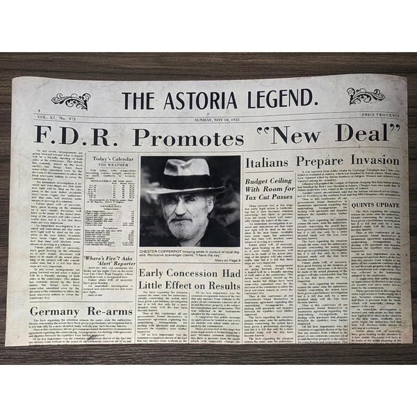 The Goonies Chester Copperpot Folded 1935 Newspaper Page Movie Prop News Article Chunk Sloth Steven Spielberg One Eyed Willie Astoria Map