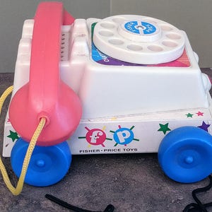 Vintage Fisher Price Pull Toy Chatter Telephone Smiley Face Phone for Toddlers Educational Toy Communications image 2
