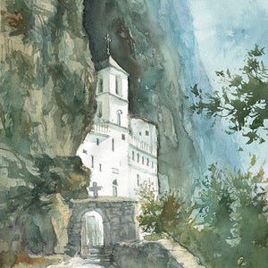 Ostrog Monastery, Manastir Ostrog, Serbian Monastery, Srpski manastir Ostrog, Orthodox Monastery, Watercolor Painting (print)