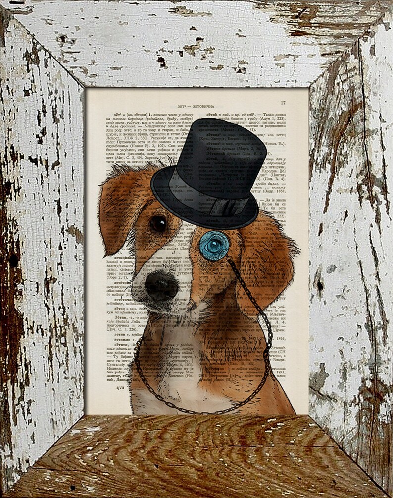 Little Dog With Top Hat and Monocle, Dictionary Page Book Art Print Etsy