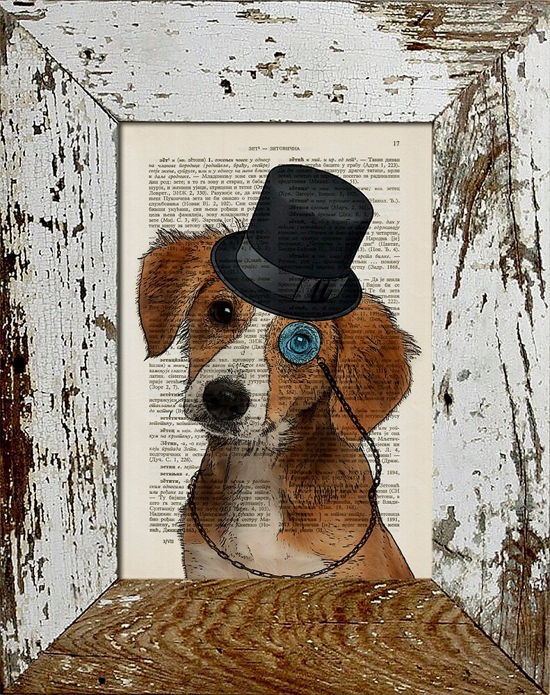 Little Dog With Top Hat and Monocle, Dictionary Page Book Art Print Etsy