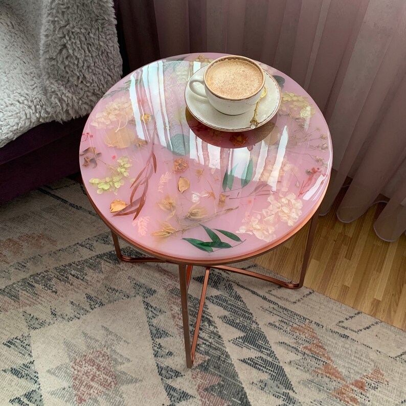 Pink Floral Resin Coffee Table With Copper Metal Legs Etsy
