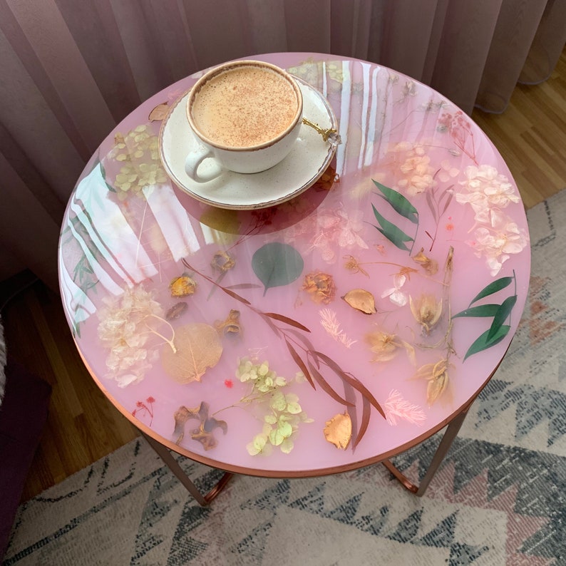 Pink Floral Resin Coffee Table With Copper Metal Legs Etsy