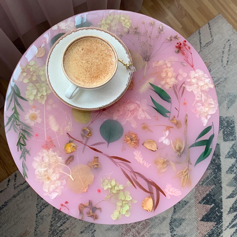 Pink Floral Resin Coffee Table With Copper Metal Legs Etsy