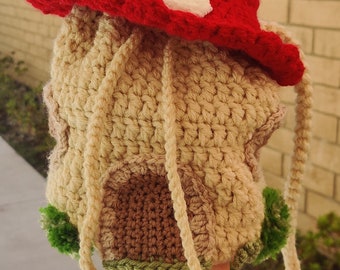 Toadstool mushroom house crochet bucket bag