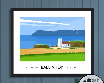 Ballintoy Church, Ballintoy, County Antrim, Northern Ireland, travel poster, art print, Ulster, Causeway Coast, Rathlin, Giant's Causeway