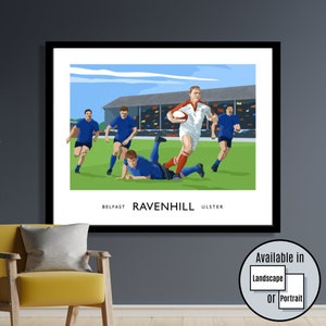 Ulster Rugby match at the old Ravenhill Stadium in Belfast, travel poster wall art print, SUFTUM