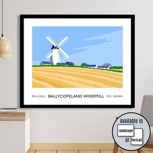 Ballycopeland Windmill, Millisle, County Down, Northern Ireland, windmill, travel poster, art print, Ulster, Irish art, Irish gift, Ards