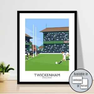 England Rugby in a vintage Autumn International match vs New Zealand All Blacks at the old Twickenham Stadium, travel poster wall art print