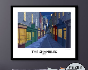 York, The Shambles (night time version), Yorkshire, England, travel poster, art print, gift, vintage, York City, Harry Potter, Diagon Alley