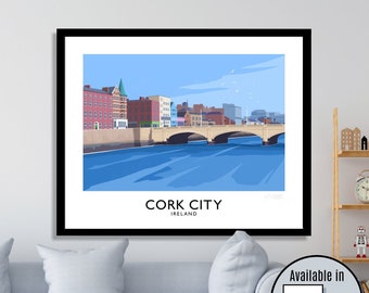 Cork City, Ireland, travel poster, art print, Connacht, gift, Irish art, Wild Atlantic Way, River Lee, Corcaigh