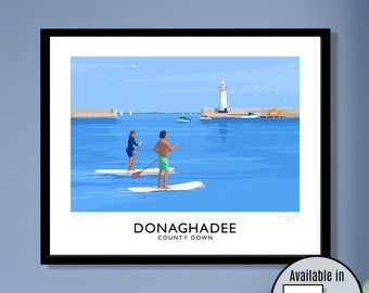 Donaghadee Harbour paddle boarders (SUP) in County Down, Northern Ireland, travel poster, art print, Ulster, Irish art,paddleboard