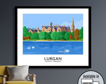 Lurgan Park, County Armagh, Northern Ireland, travel poster, art print, Ulster, Irish art, Irish, Irish gifts, Lurgan, Brownlow House, lake