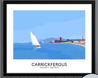 Carrickfergus Castle, Carrickfergus shoreline, County Antrim, Northern Ireland, travel poster, art print, Ulster, Irish art, Irish gift