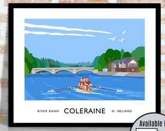 Coleraine, rowers, River Bann, Londonderry, Derry, Northern Ireland, travel poster, art print, Ulster, Irish art, Irish gift, canoe, row