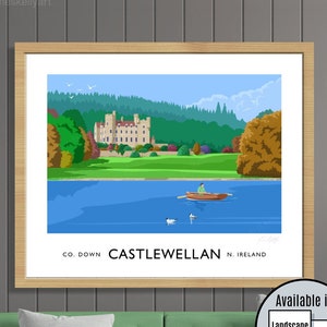 Castlewellan, County Down, Northern Ireland, travel poster, art print, Ulster, Irish art, Irish gift, Stately home, Castlewellan House, lake