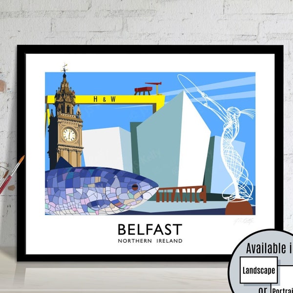 Belfast City, Belfast, Northern Ireland, travel poster, art print, Ulster, Titanic, Harland and Wolff, Albert Clock, Belfast Cranes, gift