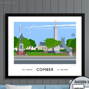 May include: A colourful illustration of a town square in Comber, Northern Ireland. The illustration features a statue, a church, trees, and a street sign that reads "CO. DOWN COMBER N. IRELAND".