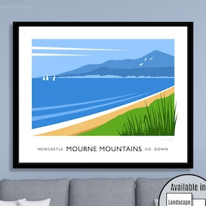 Mourne Mountains, Newcastle, County Down, Northern Ireland, Ireland, travel poster, art print, Ulster, Irish art, Mournes, Murlough, beach