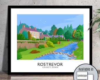 May include: A framed art print of Rostrevor, County Down, showcasing a vibrant landscape. The image presents buildings with green roofs and a river, set amidst trees and a blue sky. The print is available in landscape or portrait format, offering a choice of display.